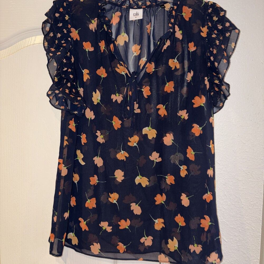CAbi #5522 Sunset Kiss Navy Blue Poppy Floral Semi Sheer Blouse Sz M